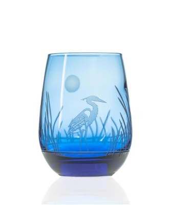 15 Oz Blue Etched Heron Stemless Wine Glass