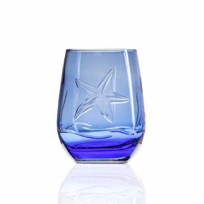 15 Oz Blue Etched Starfish Stemless Wine Glass