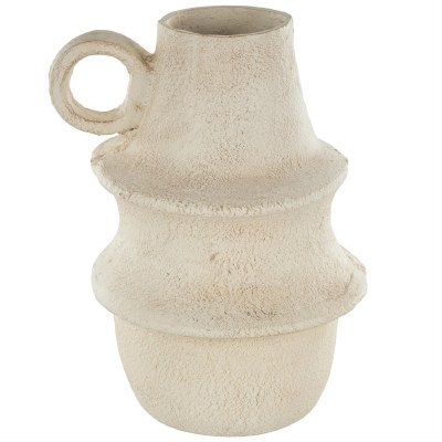 15" Distressed White Double Ribbed Ceramic Vase With a Handle