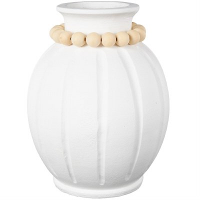 15" White Ceramic Ribbed Vase With a Natural Beaded Rim