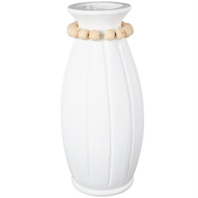21" White Ceramic Ribbed Vase With a Natural Beaded Rim
