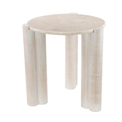 21" Round White Washed Three Leg Teak Wood End Table