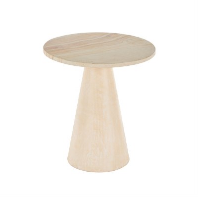 20" Round Beige Marble Top and Teak Wood Base End Table