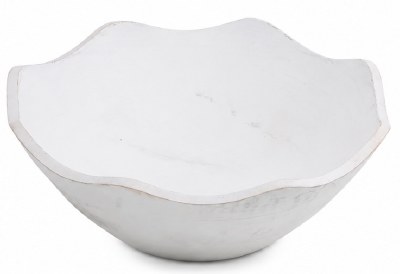 12" Round Distressed White Wavy Mango Wood Bowl