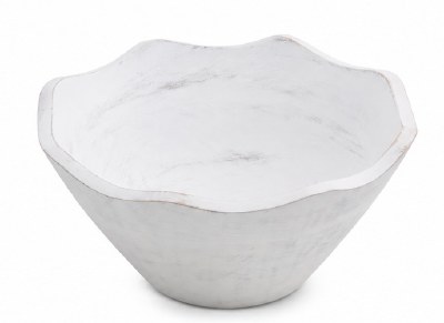 9" Round Distressed White Wavy Mango Wood Bowl