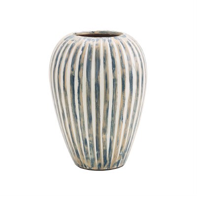14" Blue and Natural Stripe Bamboo Vase