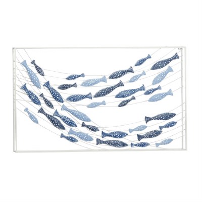 24" x 40" Blue School of Fish in a White Frame Coastal Metal Wall Art Plaque