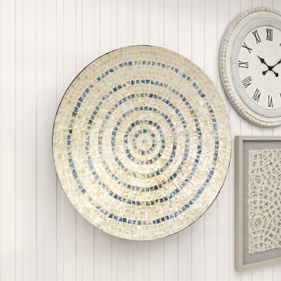 27" Round Blue and Beige Mother of Pearl Mosaic Wall Art Plaque