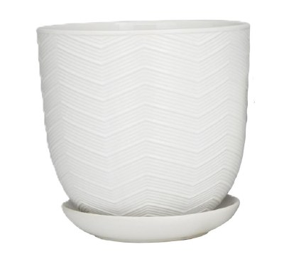 8" Round White Textured Porcelain Pot With a Saucer