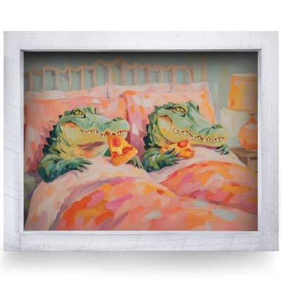 8" x 12" Alligators Pizza in Bed Coastal Print in a White Washed Wood Frame