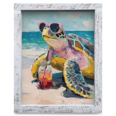 12" x 8" Sunny Sea Turtle Sips Sweat Tea Coastal Print in a White Washed Wood Frame