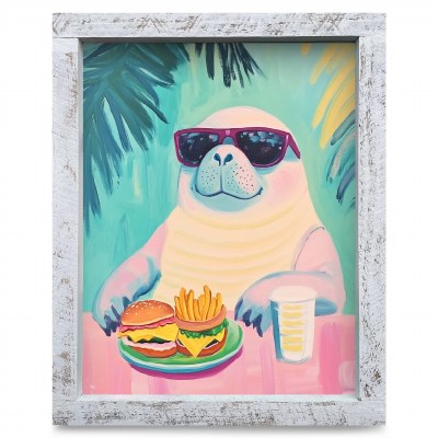 24" x 18" Hey Dude Manatee Coastal Print in a White Washed Wood Frame
