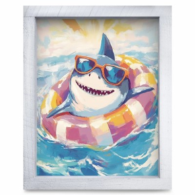 24" x 18" Floating Shark Coastal Print in a White Washed Wood Frame