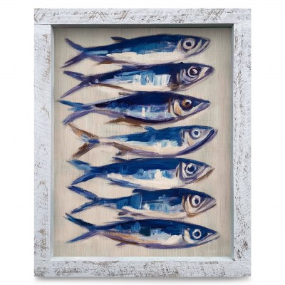 24" x 18" Blue Sardine Stack Coastal Print in a White Washed Wood Frame