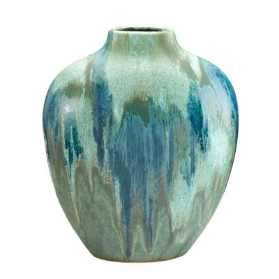 15" Green and White Drip Ceramic Vase