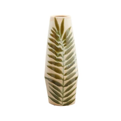 13.5" Green Frond Ceramic Vase