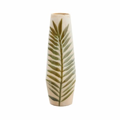 15" Green Frond Ceramic Vase