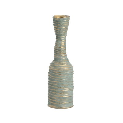 17.5" Green and Gold Ribbed Ceramic Vase