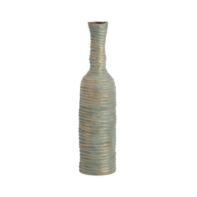 23.5" Green and Gold Ribbed Ceramic Vase
