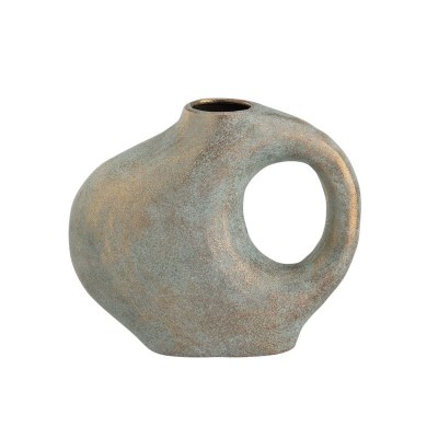 9" Green and Gold Ceramic Vase With Hole