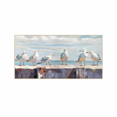 30" x 60" Six Seagulls on Pier Framed Coastal Canva