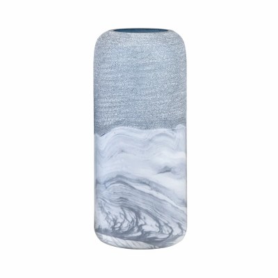 14" White and Blue Cylinder Glass Vase