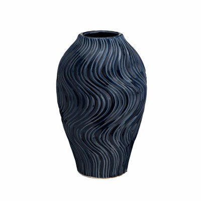 12" Dark Blue Wavy Lines Ceramic Vase