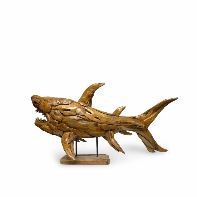52" Brown Teak Wood Mosaic Shark Sculpture