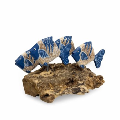 8" Four Blue and Whitewash Mango Wood Fish on Driftwood Sculpture