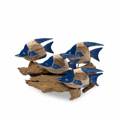8" Four Blue and Natural Mango Wood Fish on Driftwood Sculpture