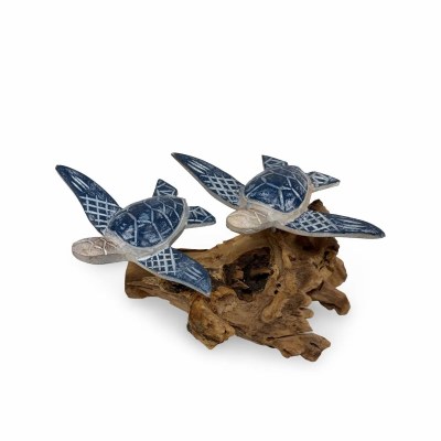 5" Two Blue Mango Wood Sea Turtles on Driftwood Sculpture