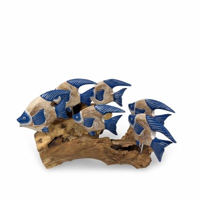 8" Six Blue Mango Wood Angelfish on Driftwood Sculpture