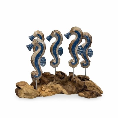 9" Five Whiteewash and Blue Mango Wood Seahorses on Driftwood Sculpture