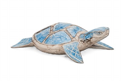 Large Blue and Whitewash Mango Wood Sea Turtle Figurine