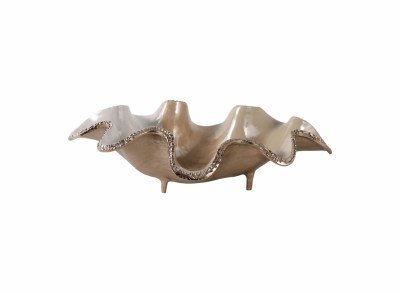 20" x 12" Tan and Gold Wavy Metal Decorative Bowl
