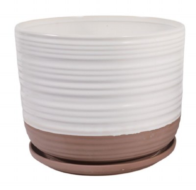 12" Round White and Terracotta Ceramic Pot