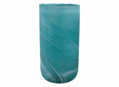 15" Turquoise and White Swirl Glass Cylinder Vase