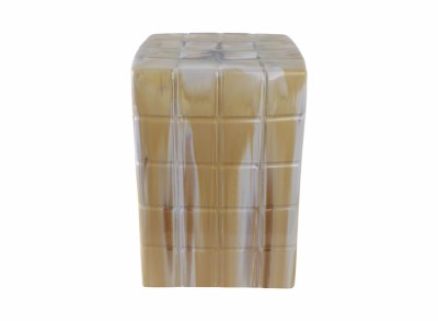 15" Sq Yellow and White Grid Pattern Ceramic Stool