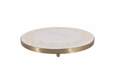 14" Round White Marble and Mother of Pearl With a Gold Rim Decorative Tray