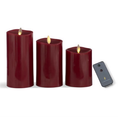 Set of Three Burgundy LED Pillar Candles With Remote