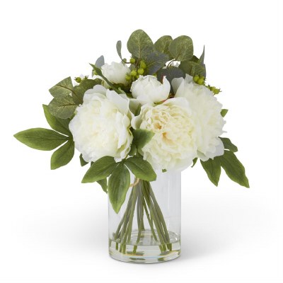 13" Faux Cream Peony in a Glass Vase