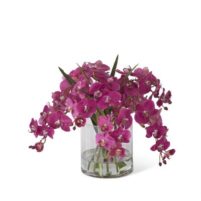 16" Faux Fuchsia Orchids in a Glass Vase