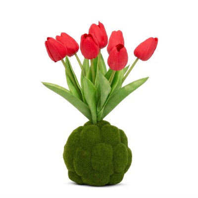 12" Faux Red Tulips on Moss Orb