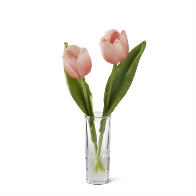 9" Faux Dark Peach Tulips in a Glass Vase