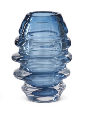 7" Blue and Clear Ribbed Glass Vase