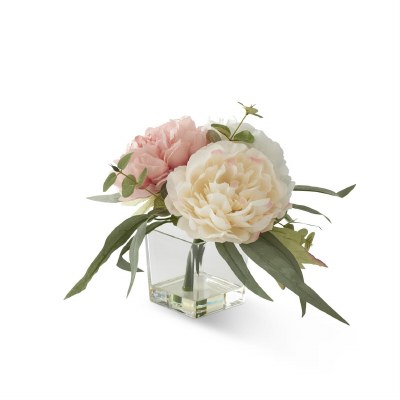 10" Faux Pink and Cream Peony in a Glass Vase