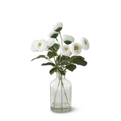 10" Faux White Ranunculus in a Glass Vase