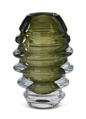 10" Green and Clear Ribbed Glass Vase