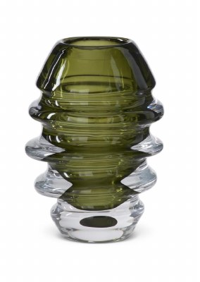 7" Green and Clear Ribbed Glass Vase