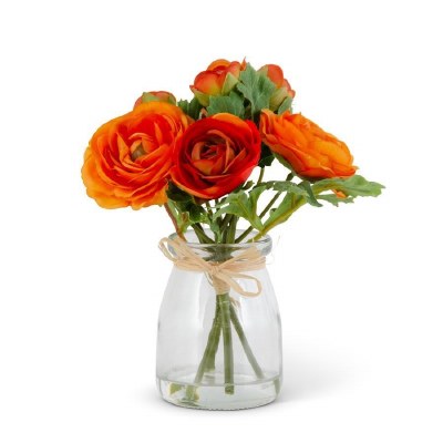 6.75" Faux Orange Ranunculus in Glass Vase